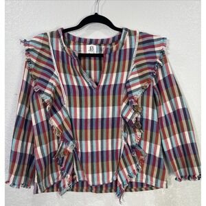 dRA Los Angeles Plaid Top Women M Multi-color Ruffle Fringe Boho Cottage Shabby